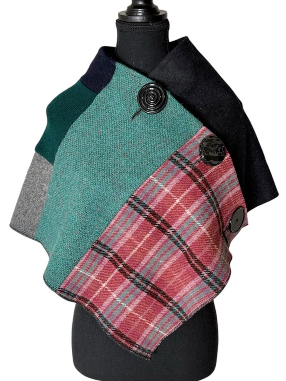 ADHESIF Upcycled Recycled Wool Patchwork Cape Capelet Buttons One Of A Kind